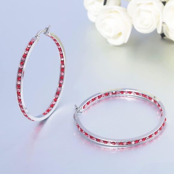 14K White Gold with Ruby Red and Pink Sapphire Cubic Zirconia Big Hoop Earrings - Picture 2 of 5